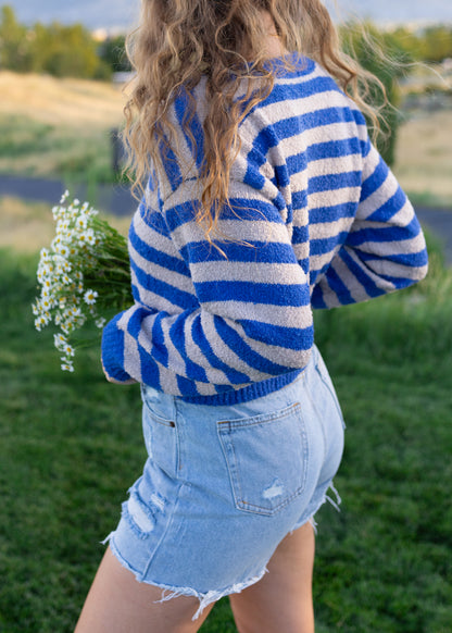 august slipped away cardigan in blue & grey