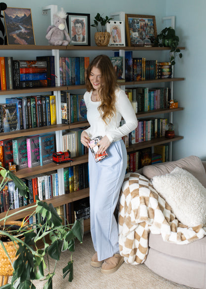 turning pages pants in light blue